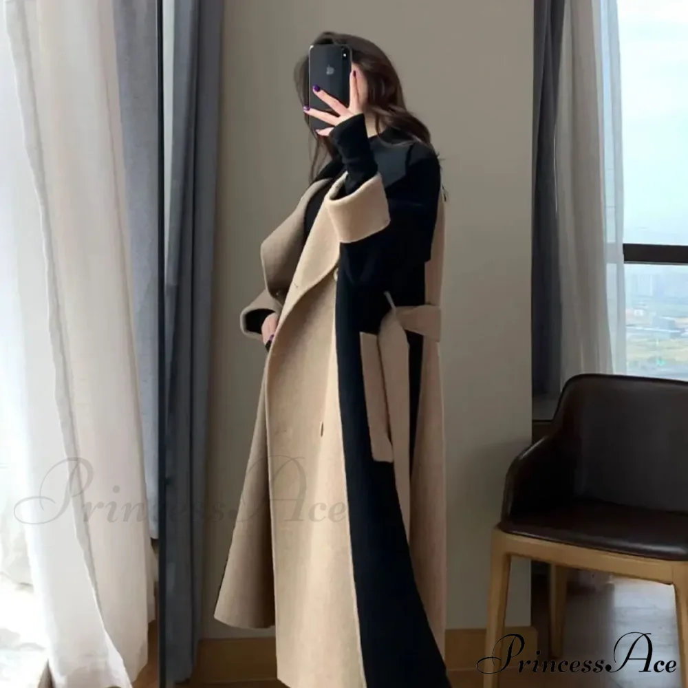 Chic Woolen Patchwork Double-breasted Anti-wrinkle Lapel Winter High Sense Stylish Coat - Image 3