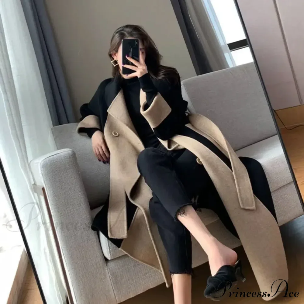 Chic Woolen Patchwork Double-breasted Anti-wrinkle Lapel Winter High Sense Stylish Coat - Image 5