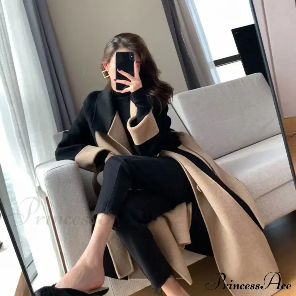 Chic Woolen Patchwork Double-breasted Anti-wrinkle Lapel Winter High Sense Stylish Coat - Image 6
