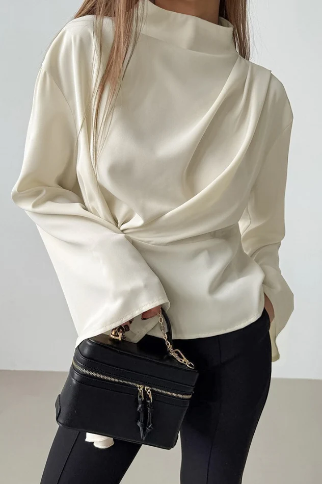 Chiffon Bell Sleeve Apricot Stand Collar Blouse - Image 2