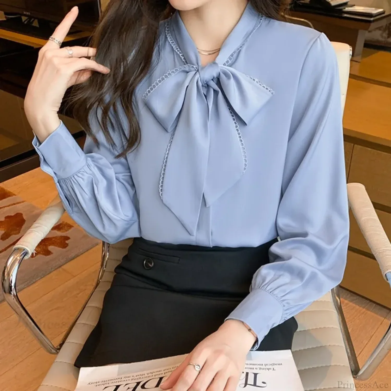 Chiffon Bow Long Sleeve Office Blouse - Image 2