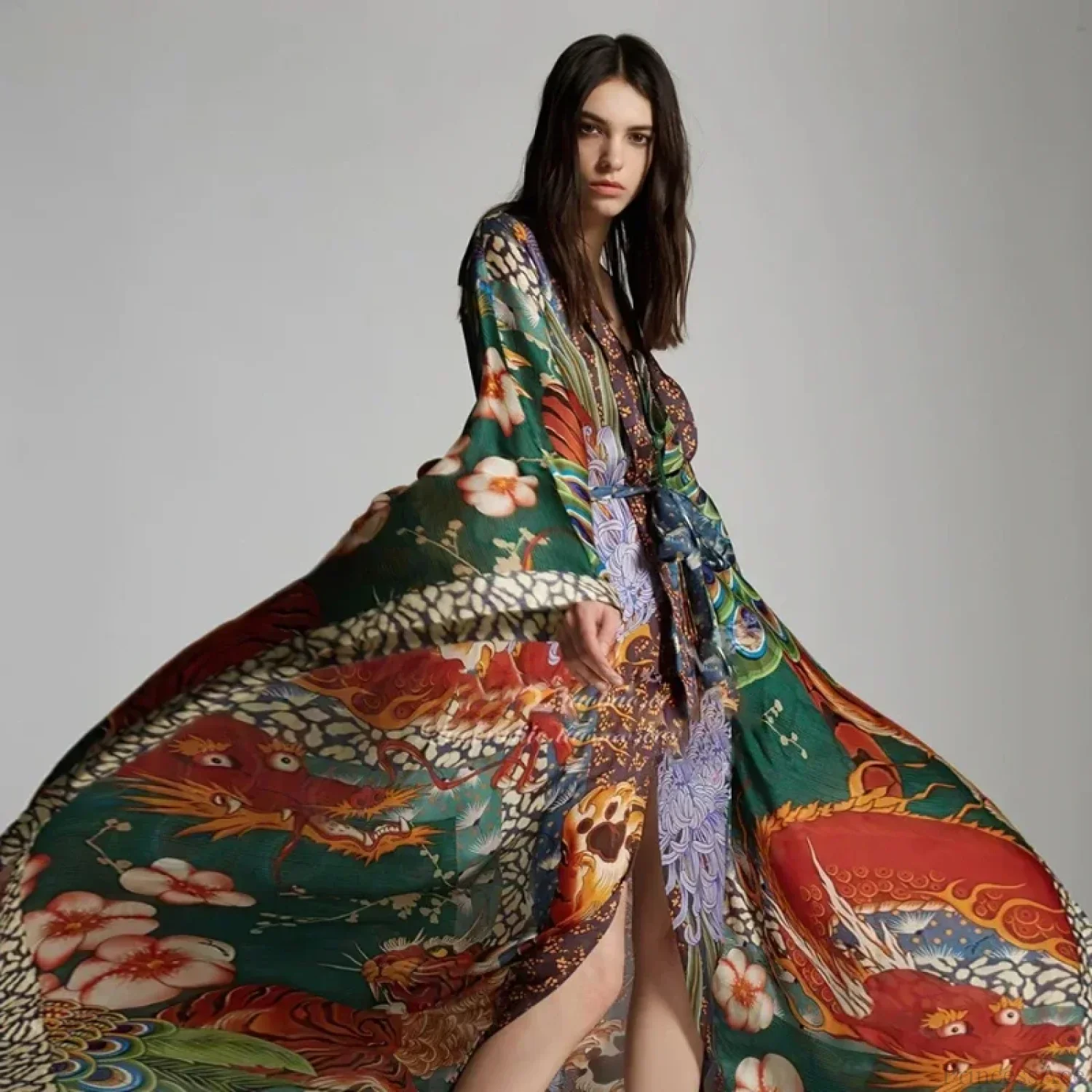Chiffon Ethnic Peacock Pattern Long Cardigan Boho Cover up - Image 2