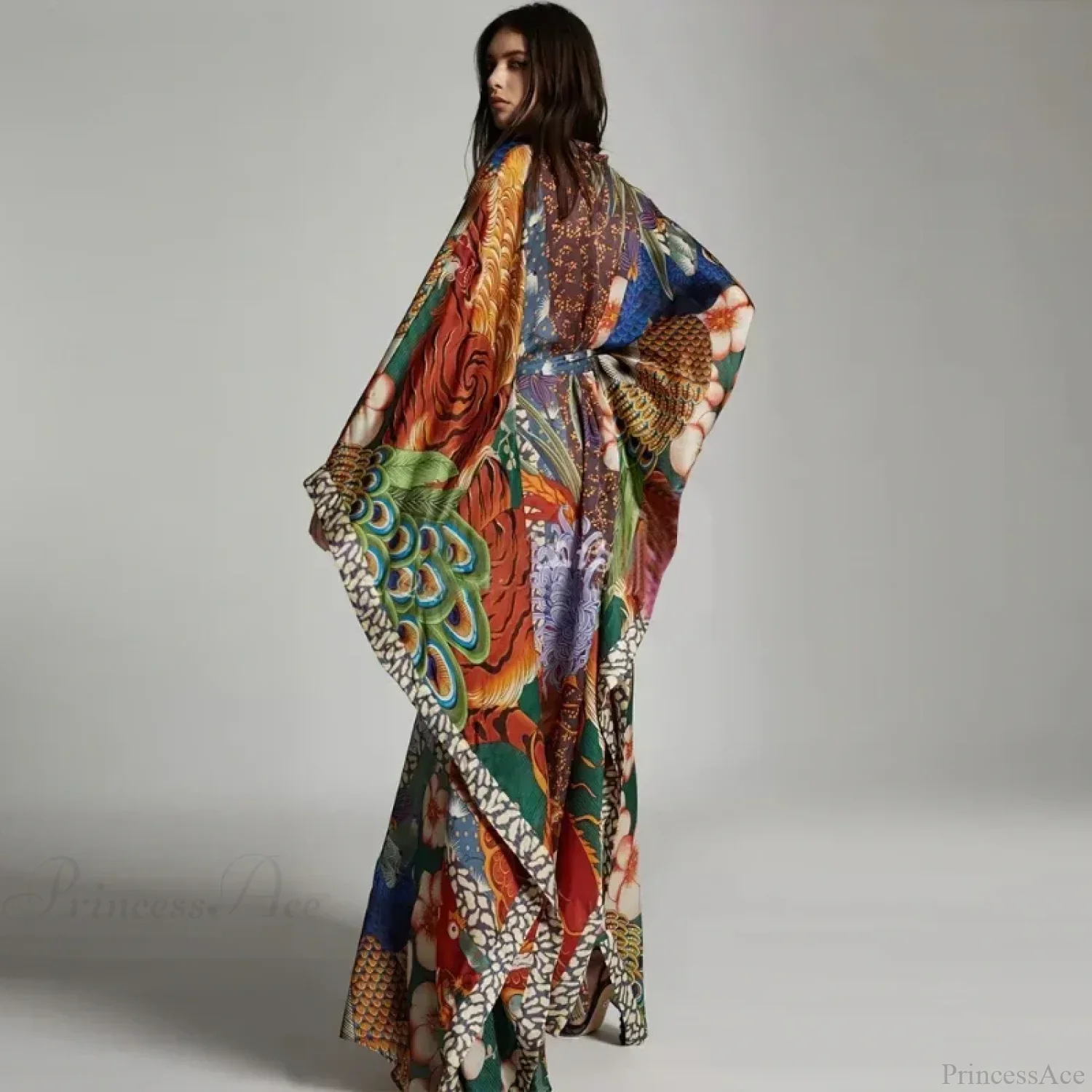 Chiffon Ethnic Peacock Pattern Long Cardigan Boho Cover up - Image 3
