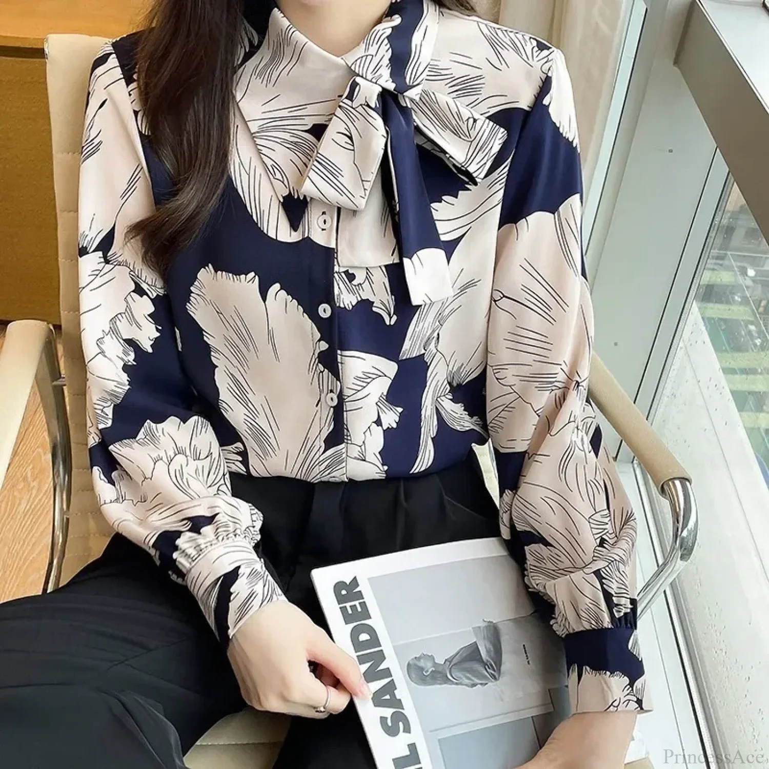 Chiffon Flower Button Up Long Sleeve Blouse - Image 2