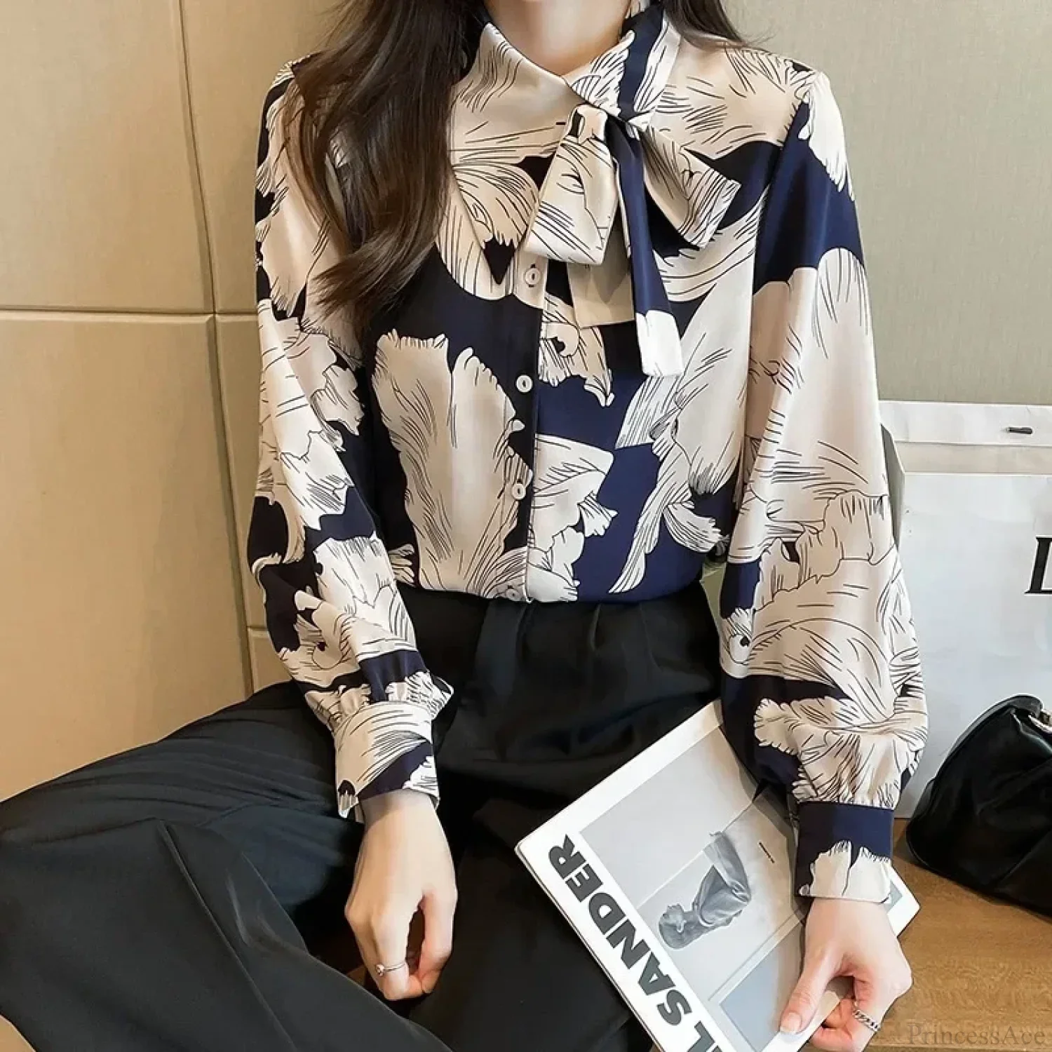 Chiffon Flower Button Up Long Sleeve Blouse - Image 4
