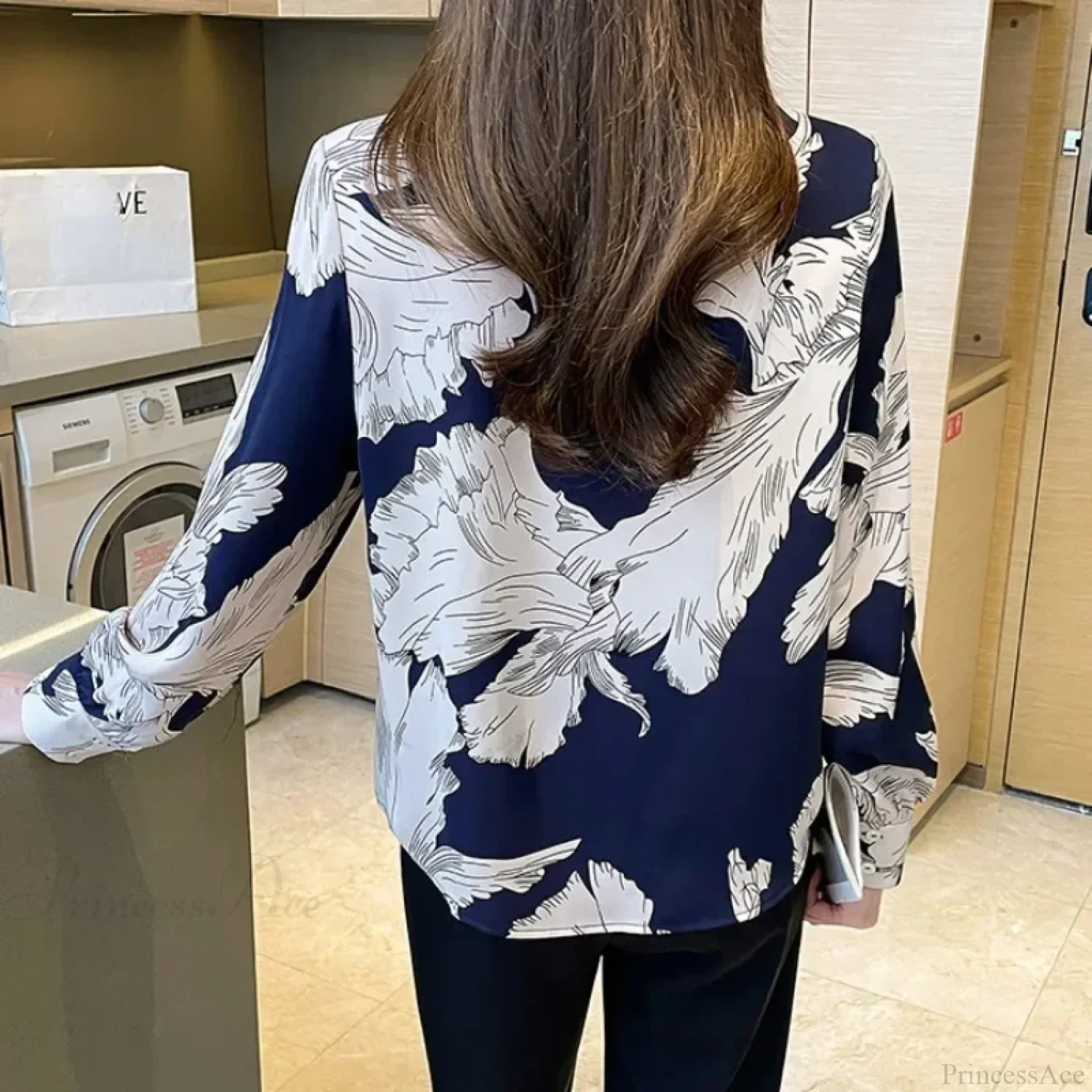Chiffon Flower Button Up Long Sleeve Blouse - Image 6