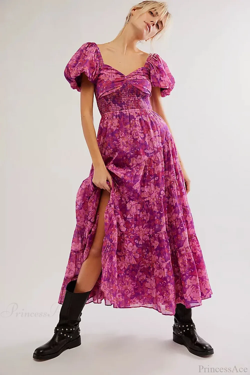 Chiffon Maxi Dress Floral Print Puff Sleeve - Image 9