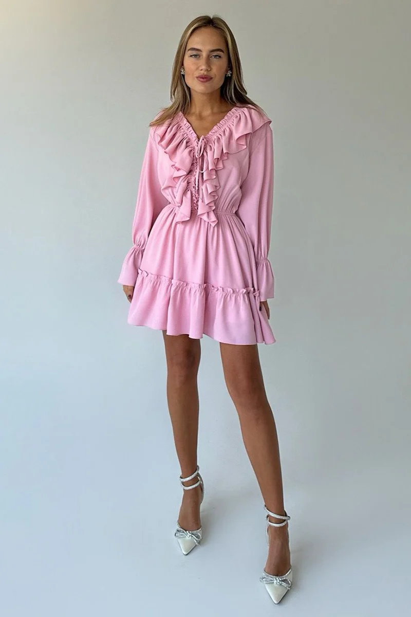 Chiffon V Neck Flared Sleeve Mini Dress - Image 11