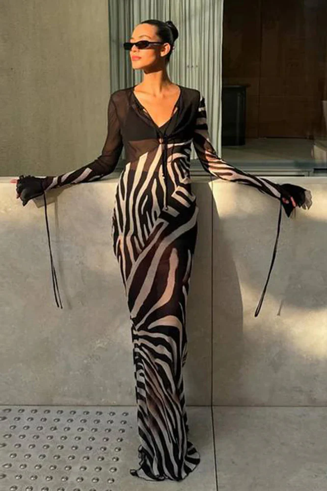 Chiffon V-Neck Slim Fit Long Sleeve Maxi Dress - Image 7