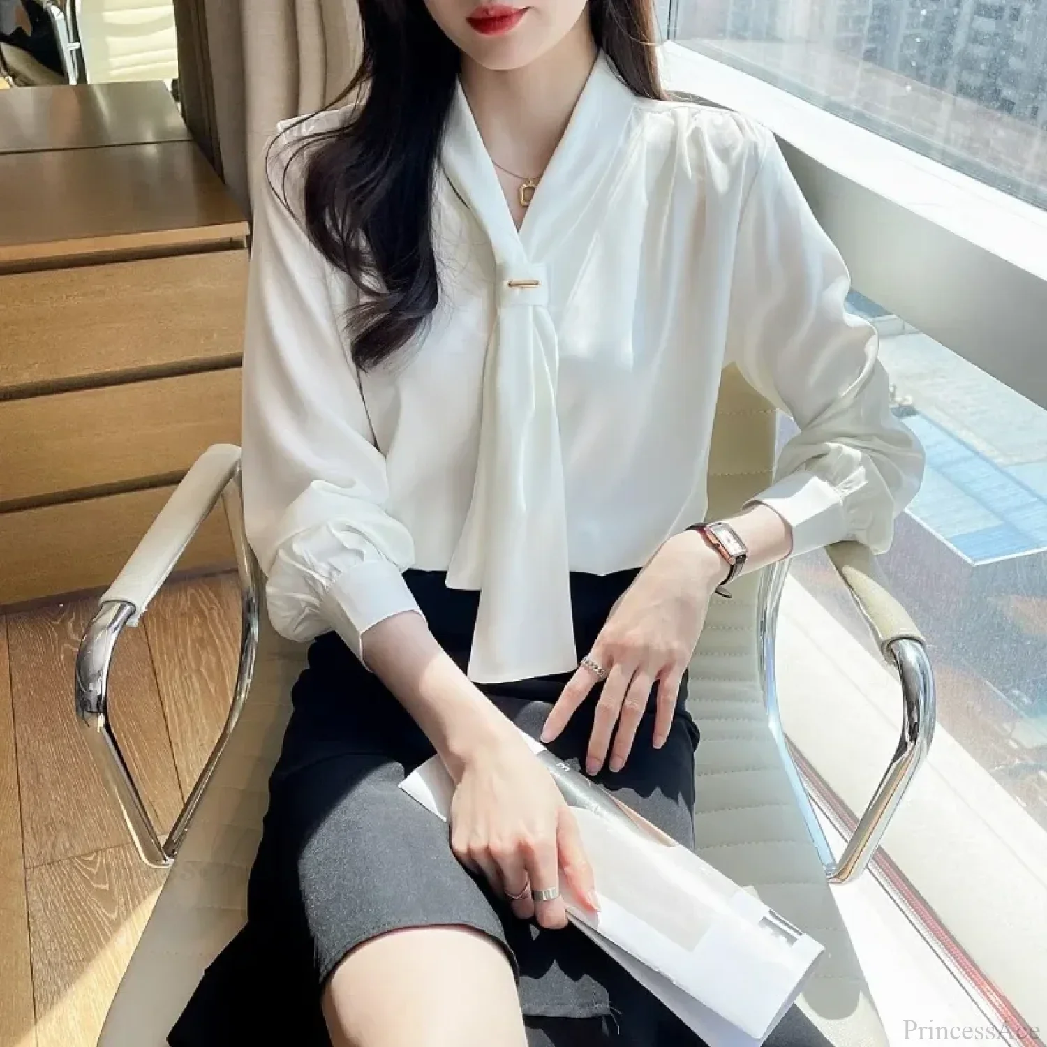Chiffon V-neck Tie Loose Long Sleeve White Blouse - Image 3