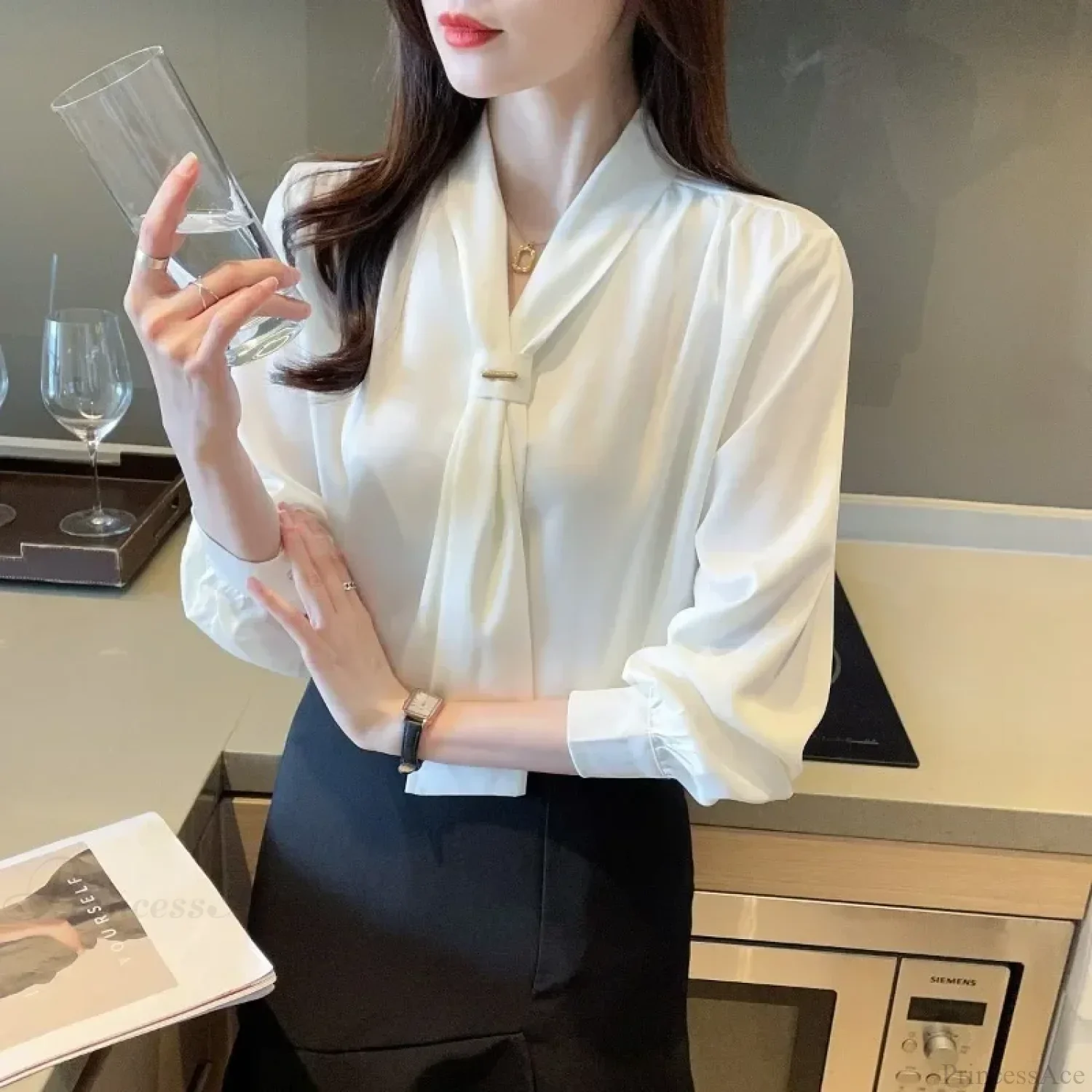 Chiffon V-neck Tie Loose Long Sleeve White Blouse - Image 4