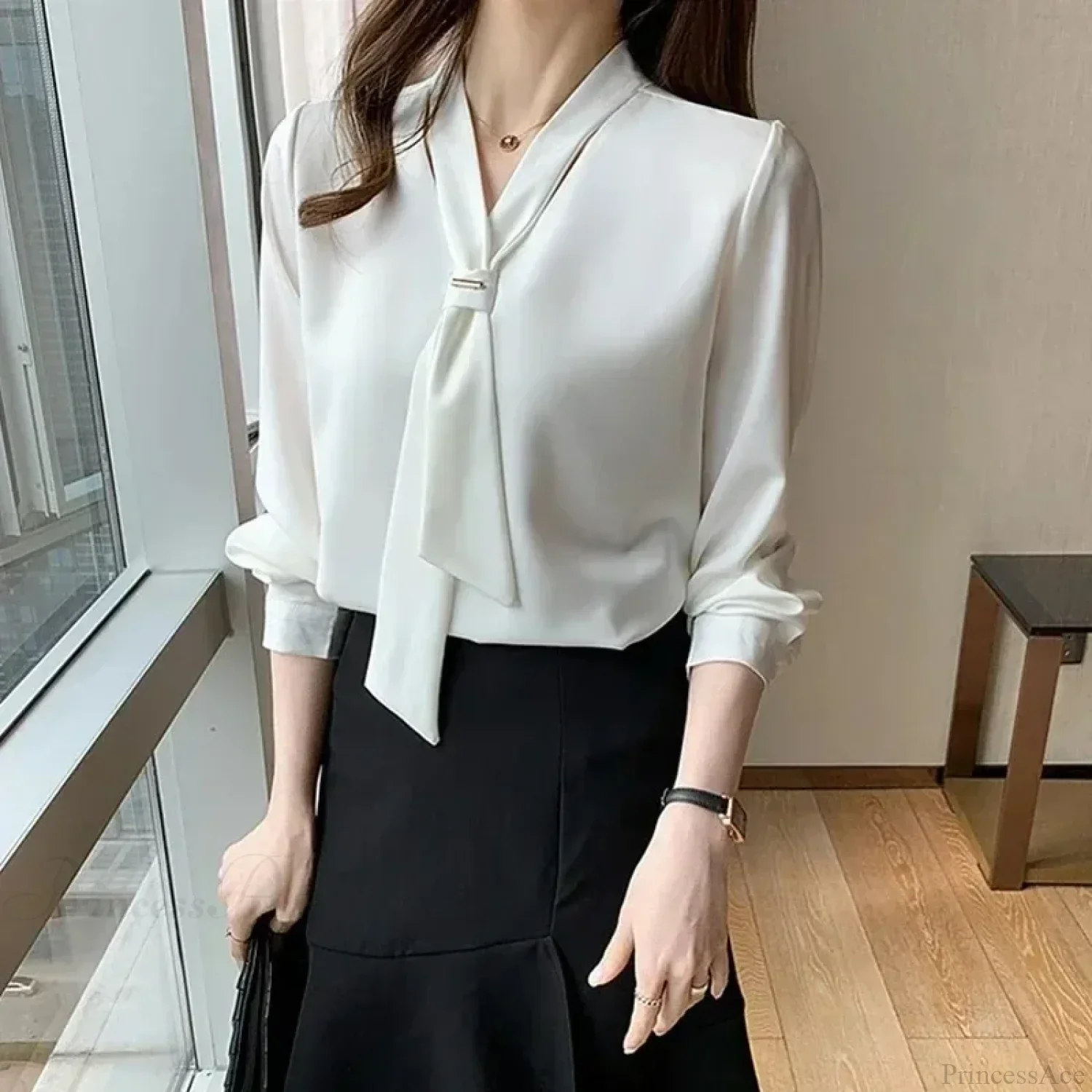 Chiffon V-neck Tie Loose Long Sleeve White Blouse - Image 5