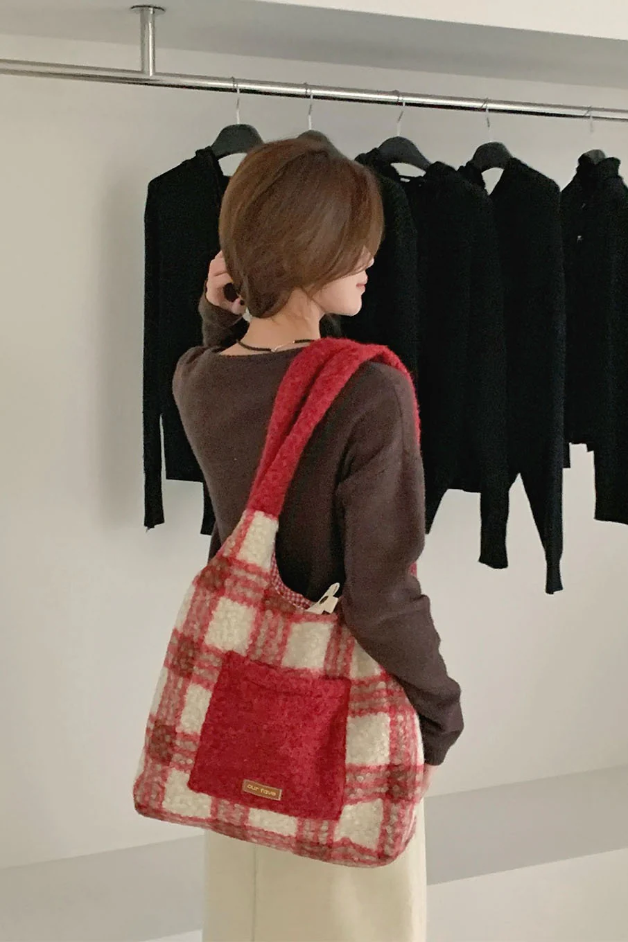 Christmas Red Plaid Faux Fur Panel Tote Shoulder Bag - Image 2