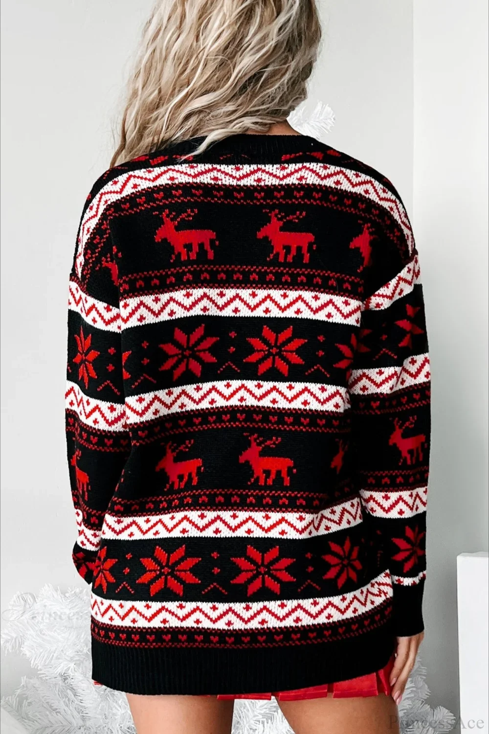 V Neck Elk Jacquard Color Block Knit Sweater - Image 3