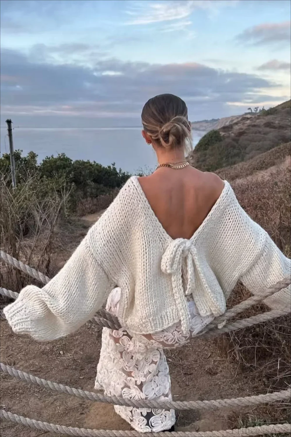 Chunk Knit Bow Tie Strap Reversible Sweater - Image 2