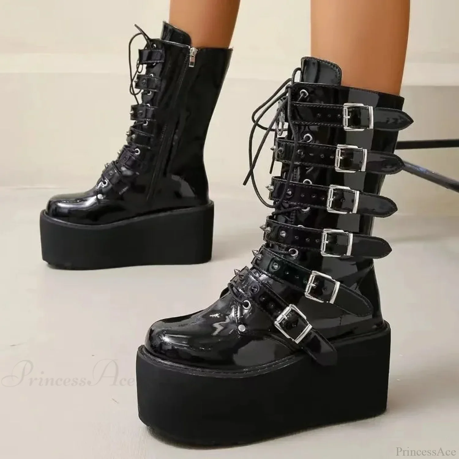Chunky Heeled Knee High Motorcycle Gothic Boot - Image 4