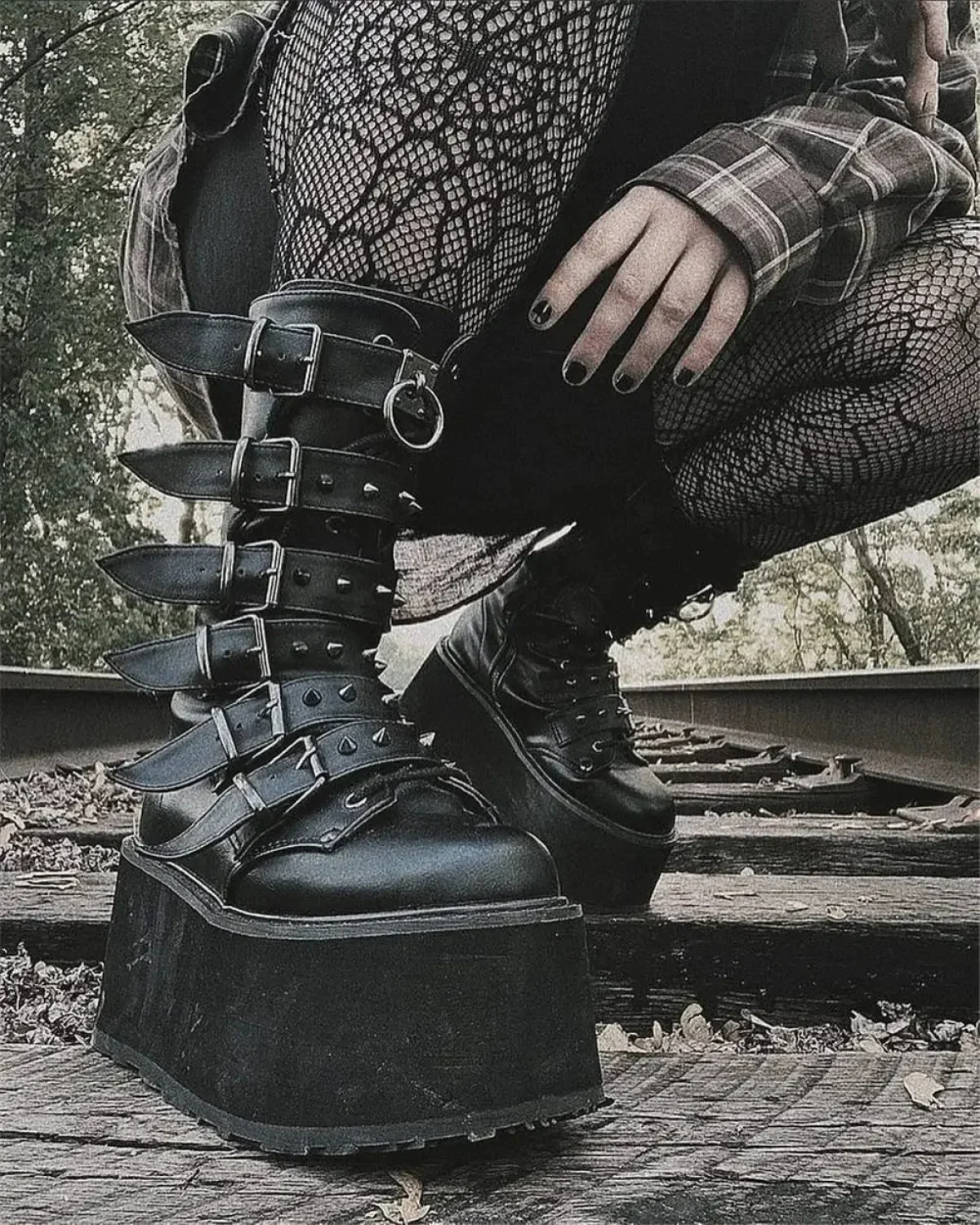 Chunky Heeled Knee High Motorcycle Gothic Boot - Image 7