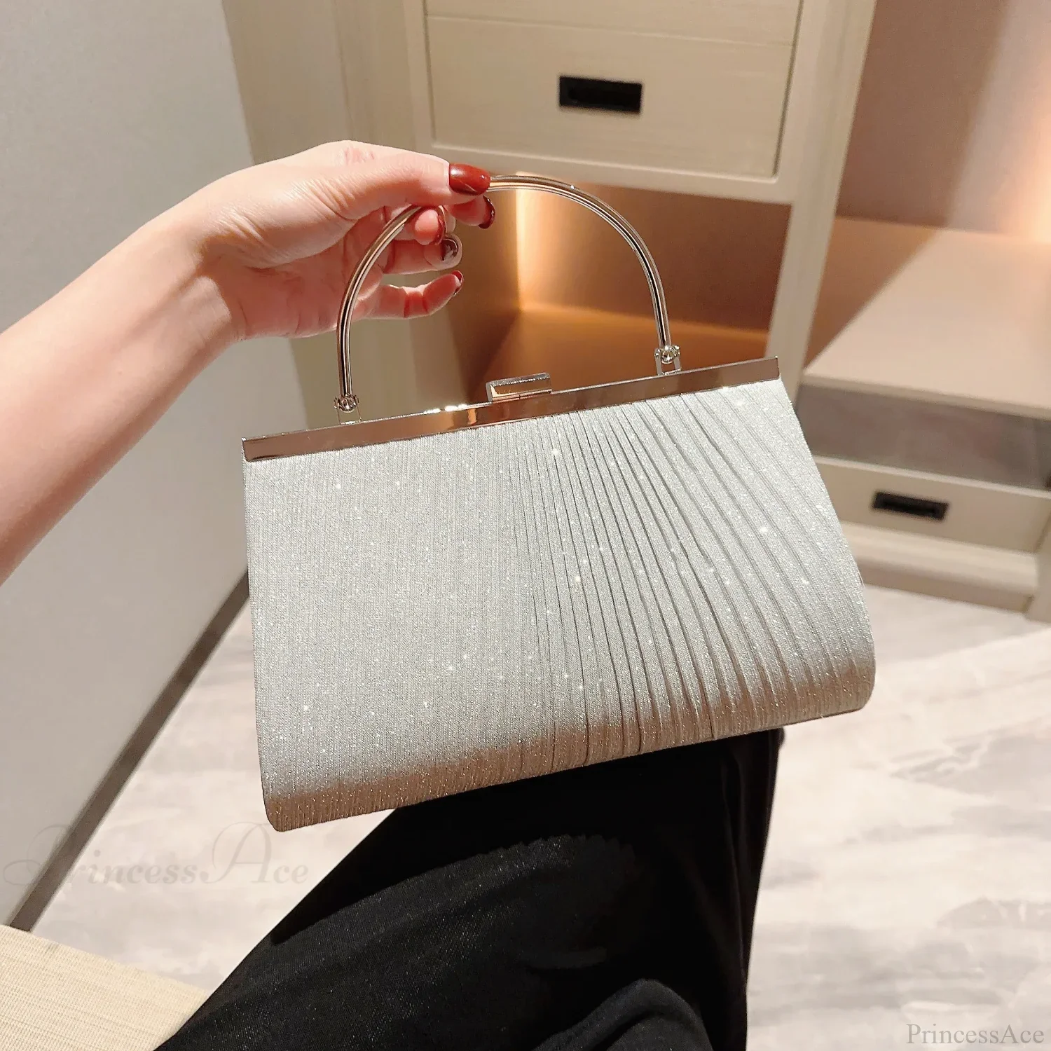 Classic Pleated Evening Bag Sparkling Party Prom Handbag Dress Purse - Image 5