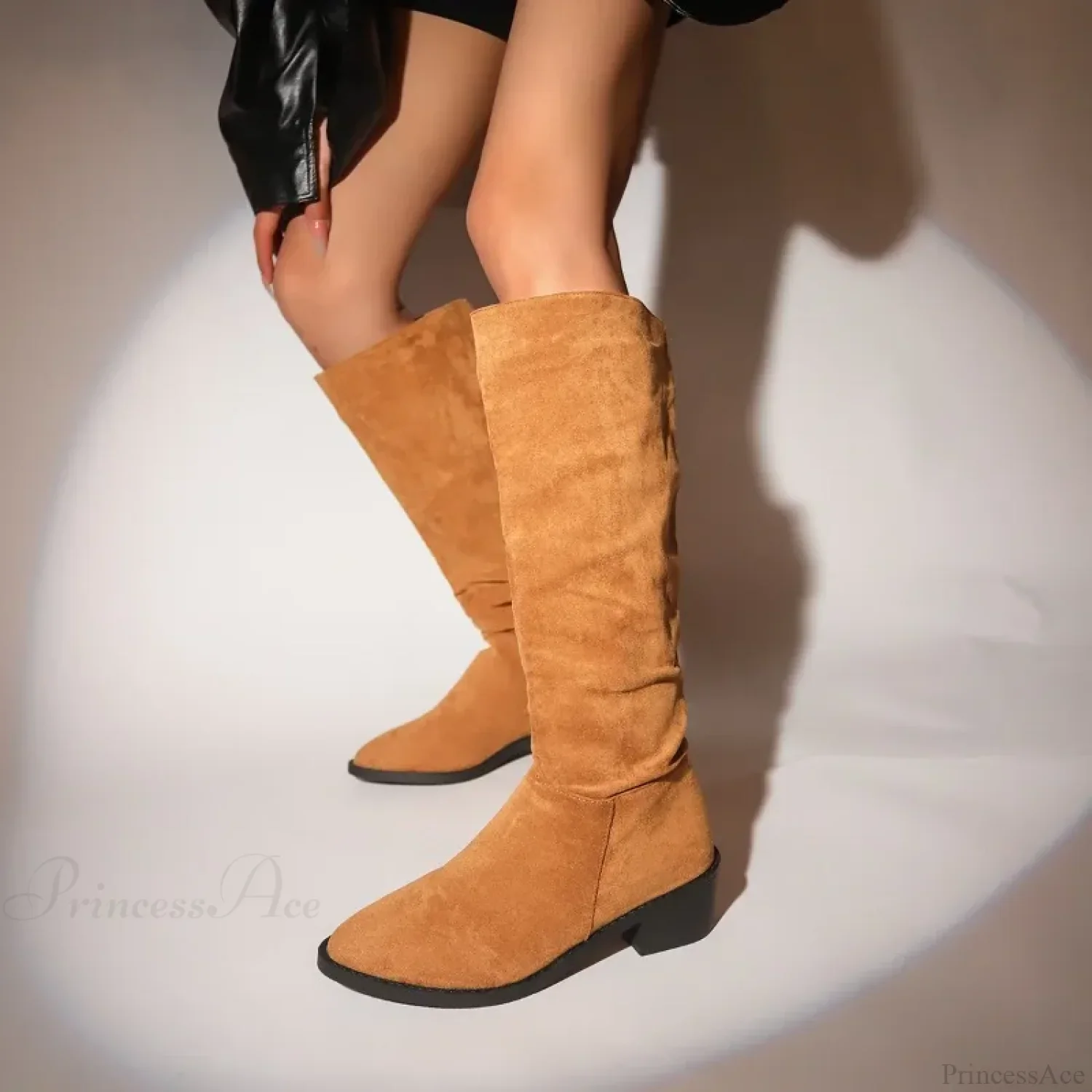 Classic Pointed Pleated Autumn Winter Fashion Suede Flock Knee High Boot - Image 3