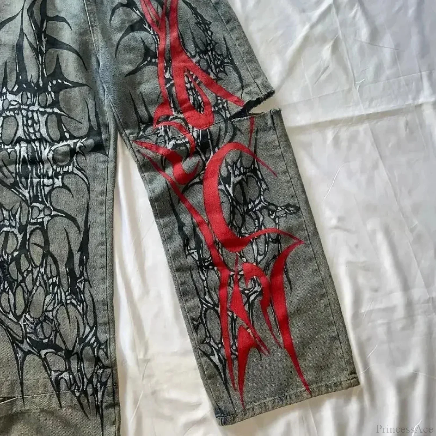 High-Street Printed Wide-Leg Denim Pants - Image 4