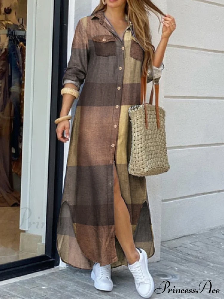 Coastal and Plaid Long Checked Gown with Button Sleeves Full-Length Detail - Image 7