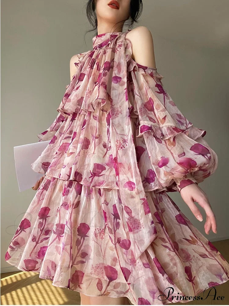 Coastal Gown Mini Long Casual Korean Flowered Arm Brief Elegant Style Party Bohemian Fashion Female