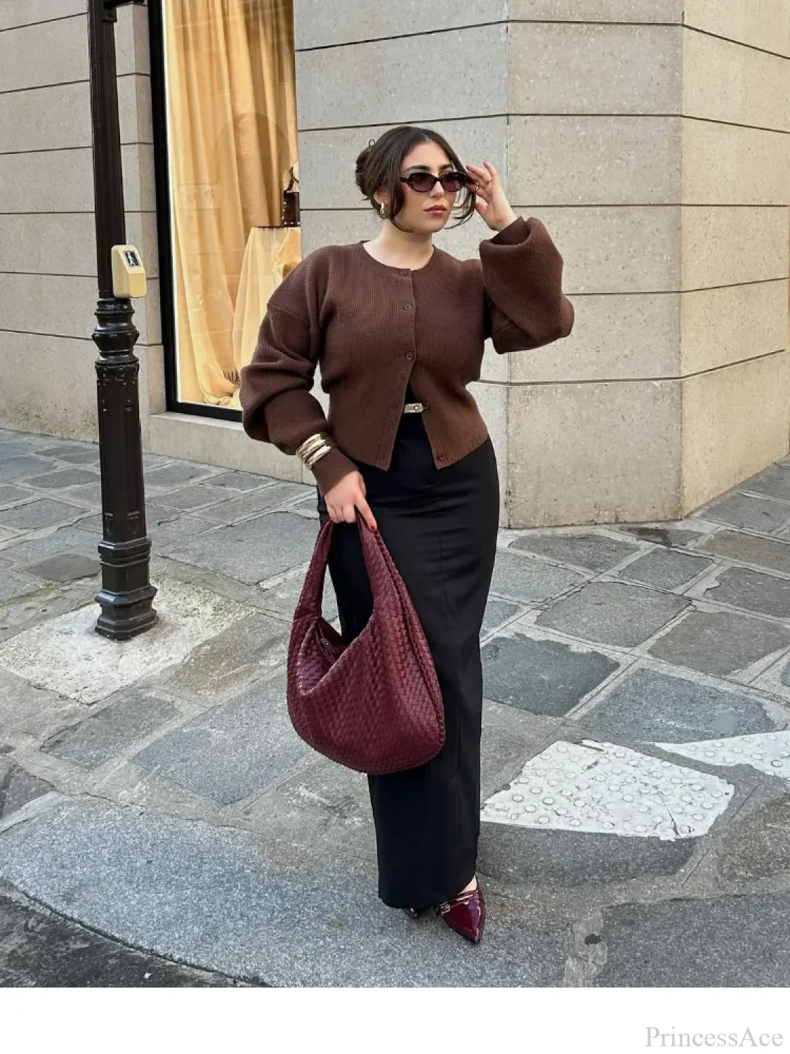 Coffee Color Round Neck Loose Cardigan - Image 3