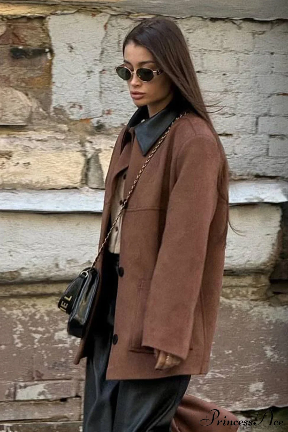 Coffee Suede Paneled Black Collar Loose Coat - Image 2