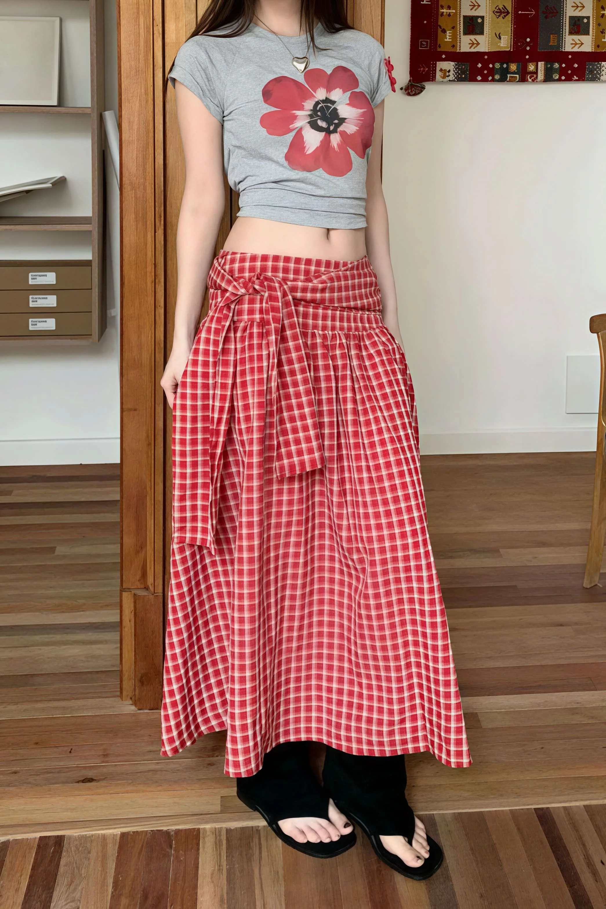 Color Block Plaid Tie Side Zip Loose Skirt - Image 2