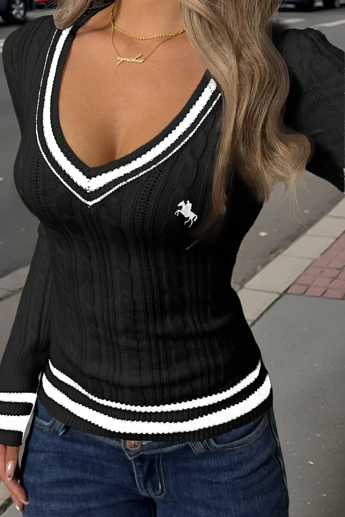 Color Block Striped Deep V Slim Sweater - Image 6