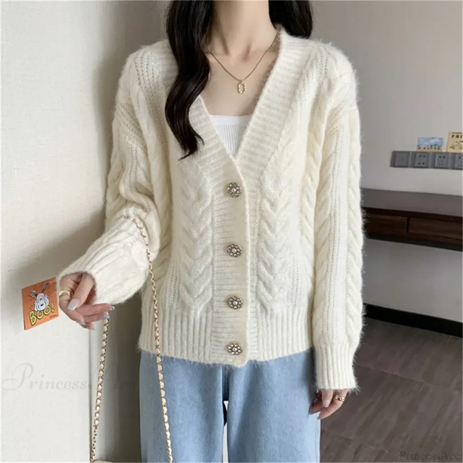 Colorful Button Patchwork Loose Knit Cardigan - Image 2
