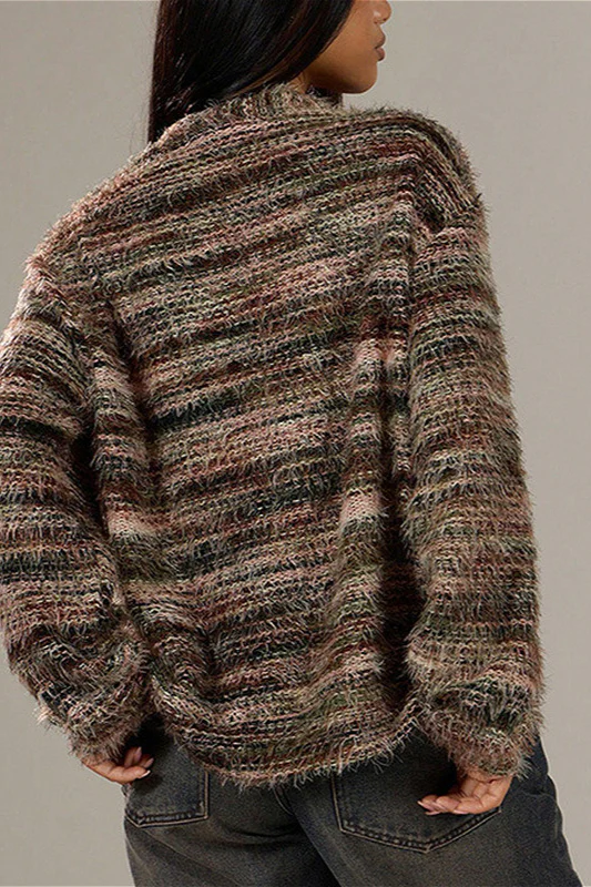 Colorful Striped V Neck Loose Knit Cardigan - Image 4