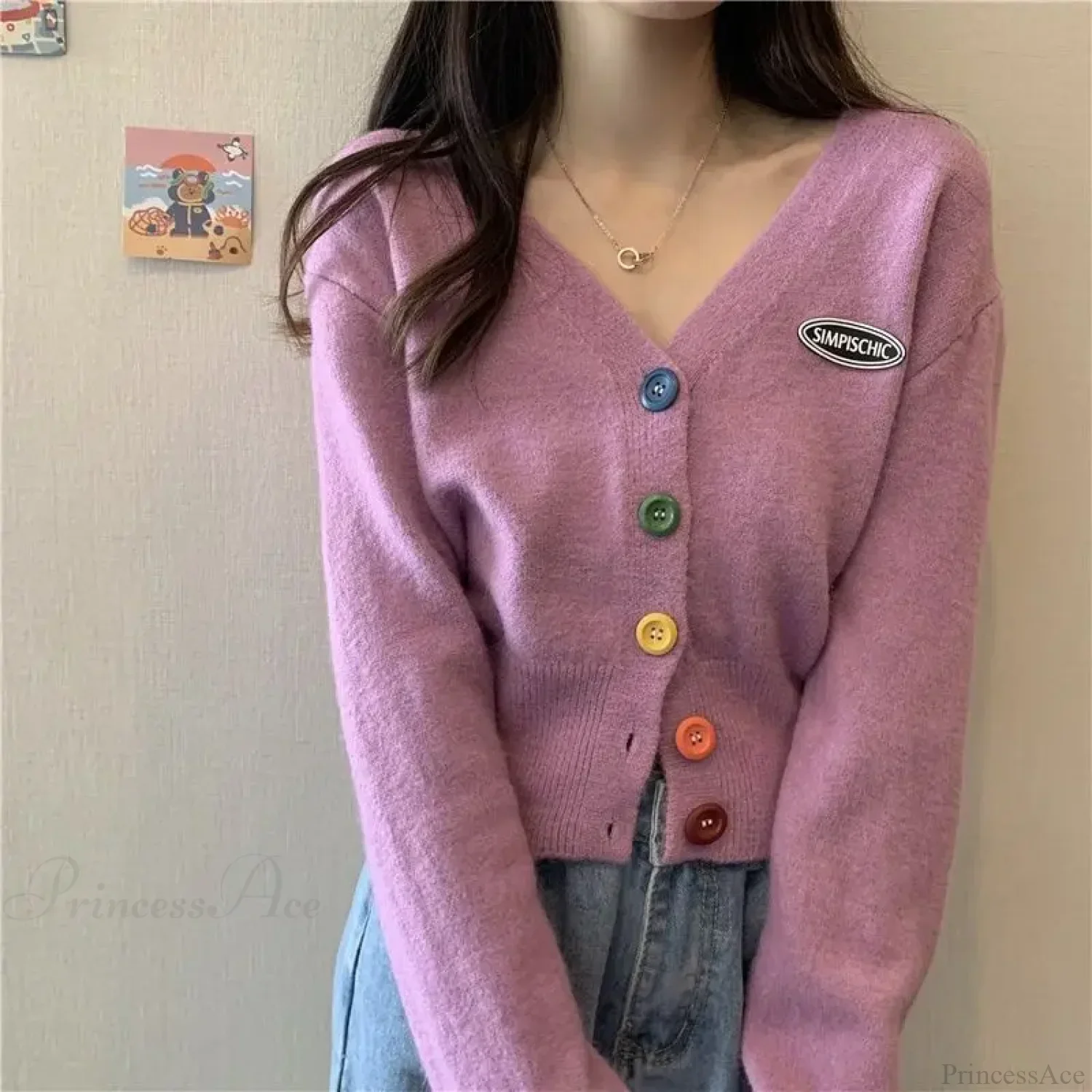Colorful V-Neck Loose Long Sleeve Casual Knit Cardigan - Image 5
