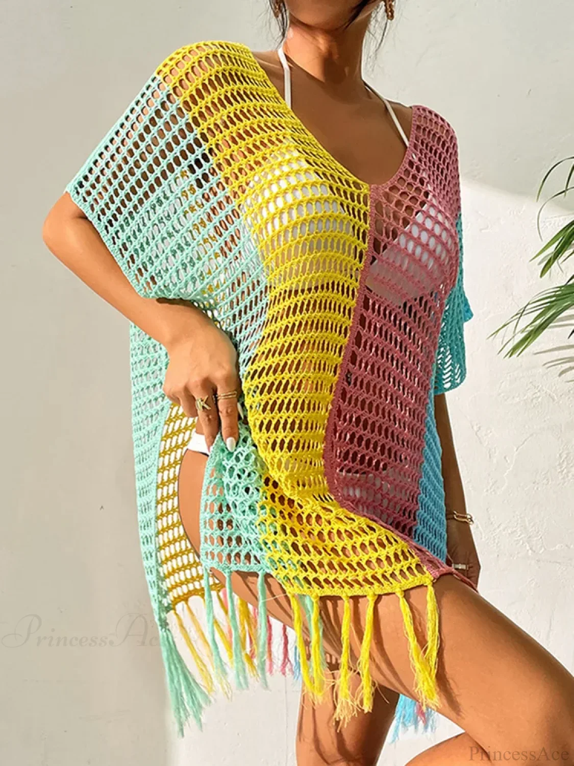 Contrast Color Tassel Hollow Beach Cover Up - Image 10