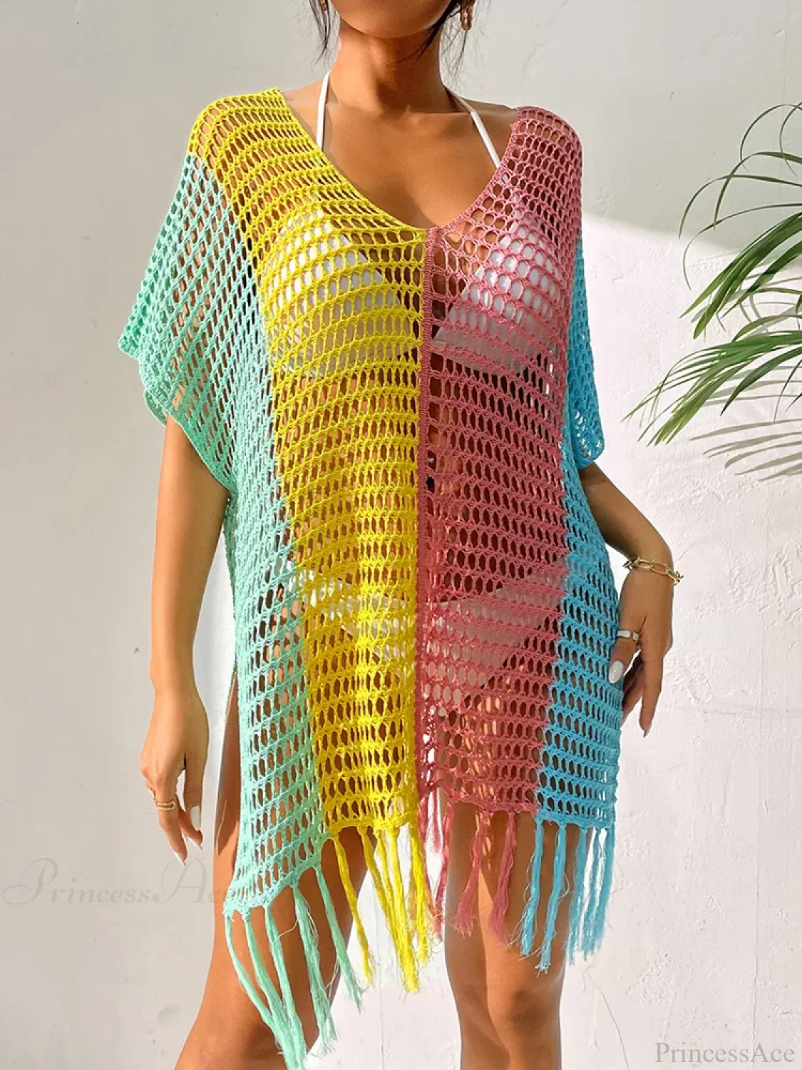 Contrast Color Tassel Hollow Beach Cover Up - Image 2