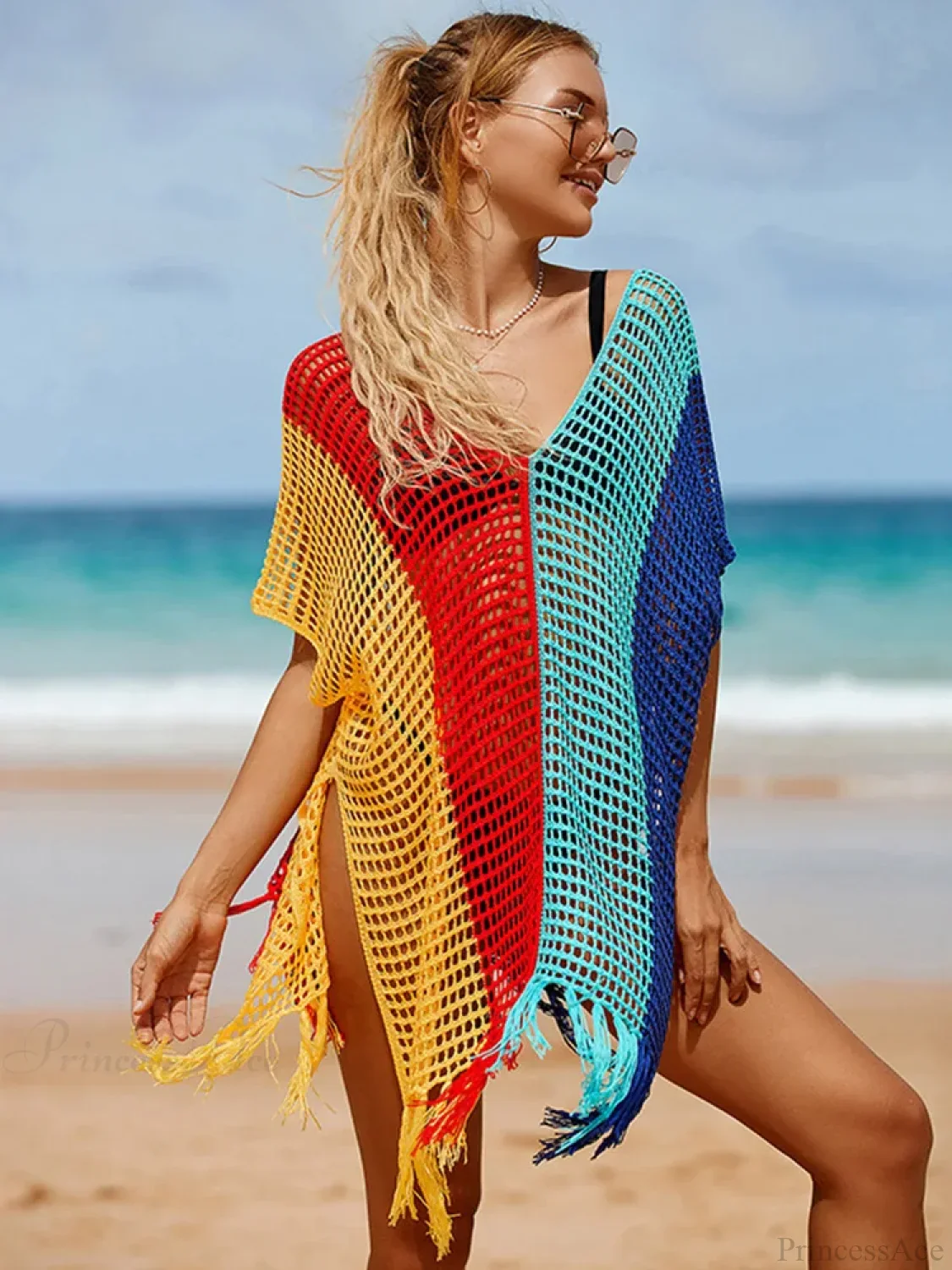 Contrast Color Tassel Hollow Beach Cover Up - Image 8