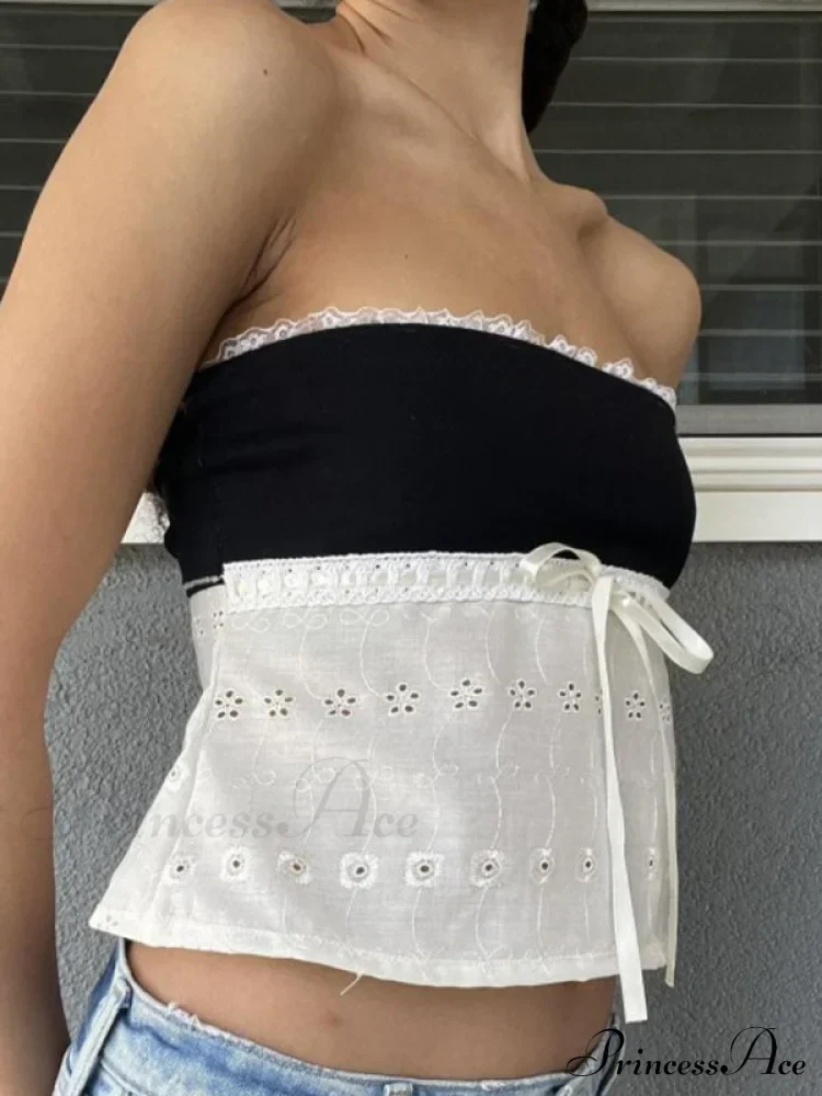 Delicate Lace Hollow Splicing Sexy Slim Crop Top - Image 2
