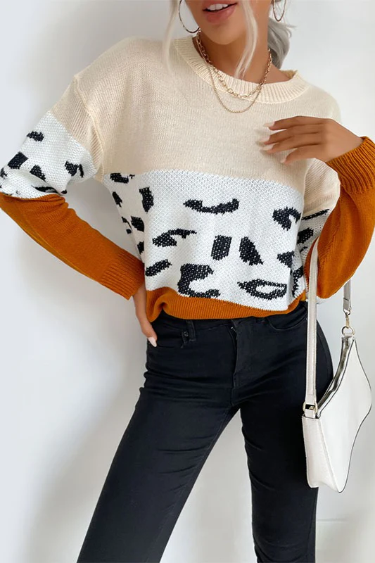 Contrast Leopard Pattern Knit Sweater - Image 3