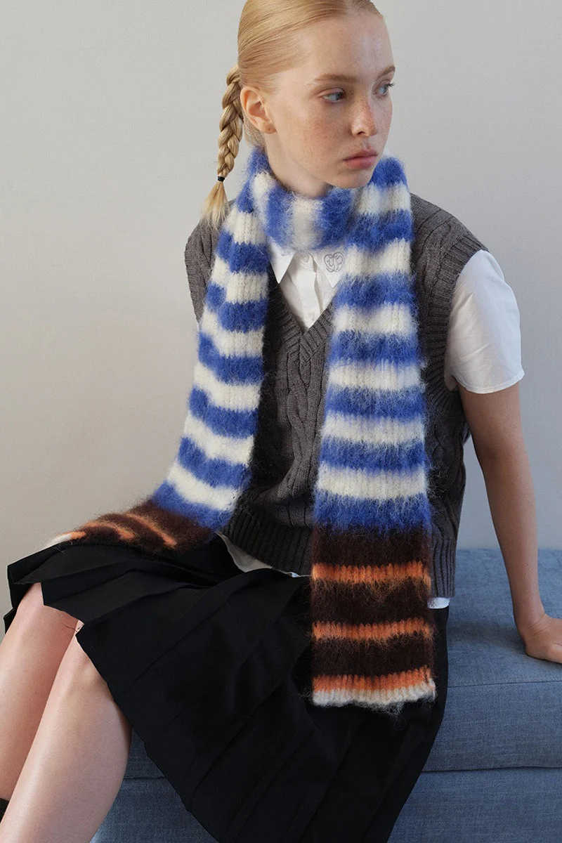 Contrast Striped Narrow Soft Wool Blend Knitted Scarf - Image 13