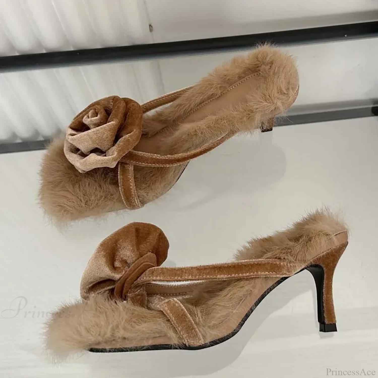 Corduroy Faux Fur Square Toe High Slides Summer Outdoor Low Heel Pump - Image 3