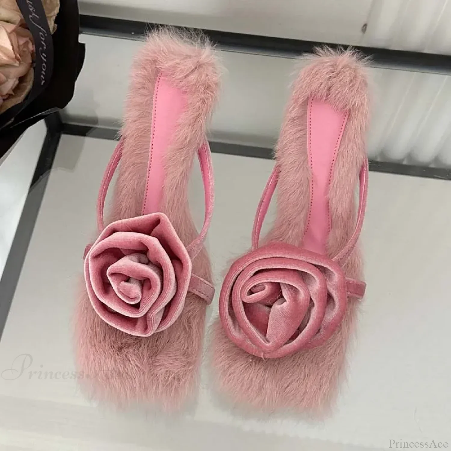 Corduroy Faux Fur Square Toe High Slides Summer Outdoor Low Heel Pump - Image 6