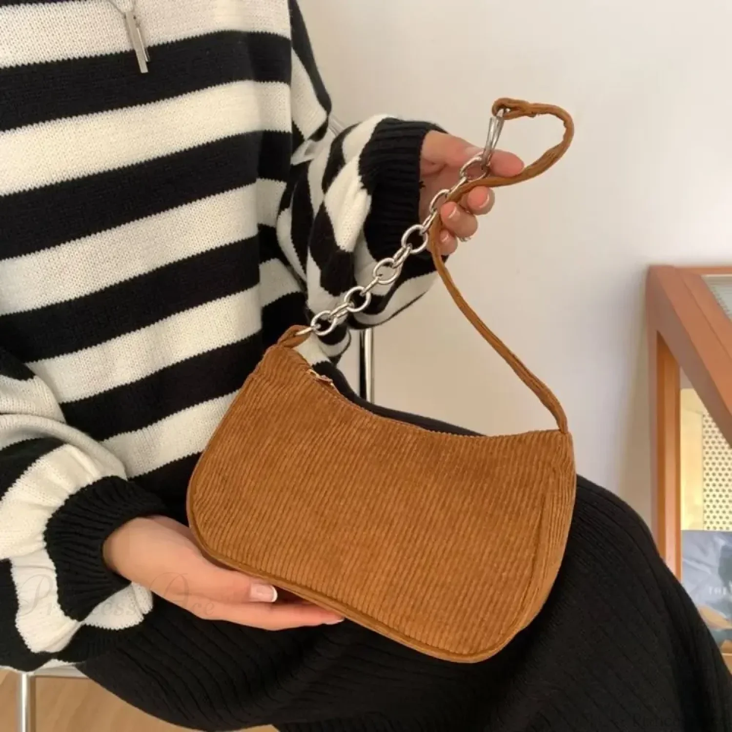 Corduroy Zipper Underarm Shoulder Handbag - Image 4