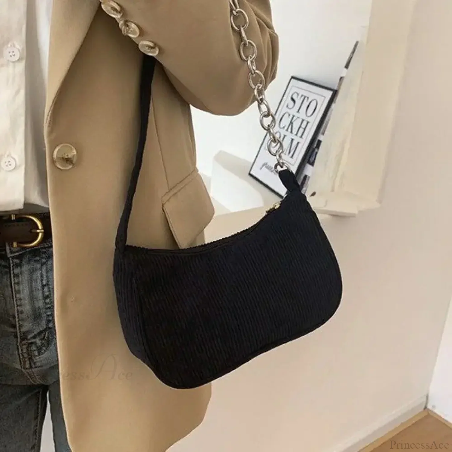 Corduroy Zipper Underarm Shoulder Handbag - Image 9
