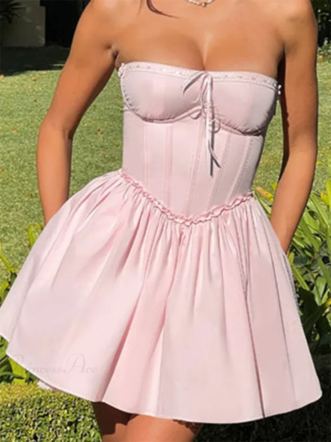 Corset Tie-Up Lace Trim Mini Dress
