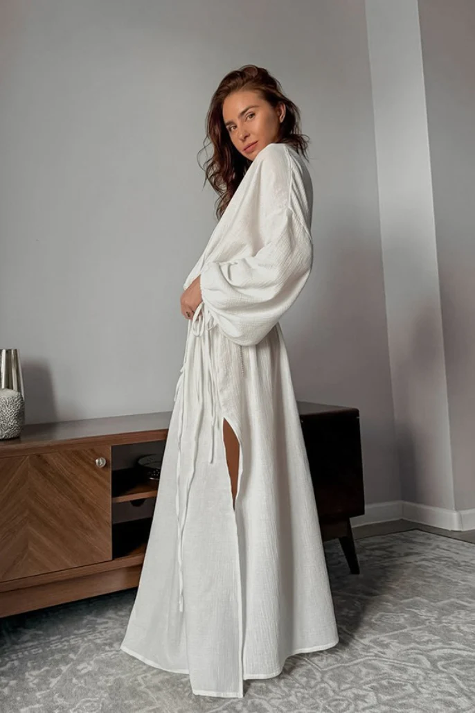 Cotton Cutout Tie Waist Long Sleeve Maxi Dress - Image 7