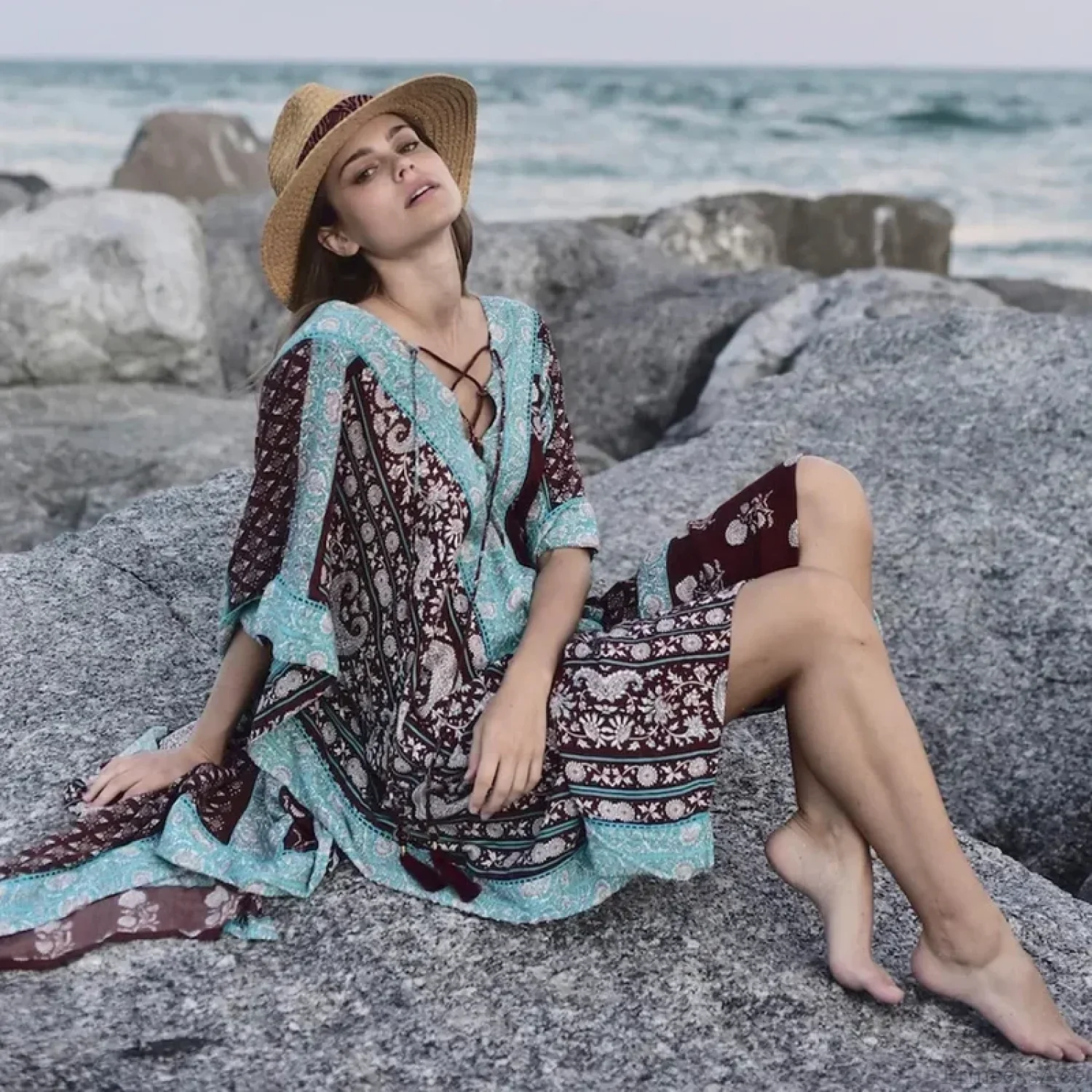 Cotton Floral Print Smock Frock Boho Cover up - Image 3