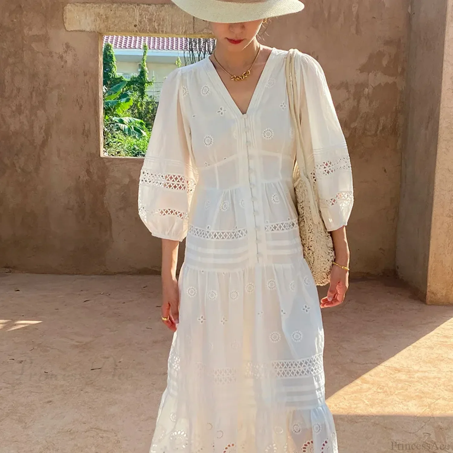 Cotton Floral V-neck Slim Summer Boho Dress - Image 6