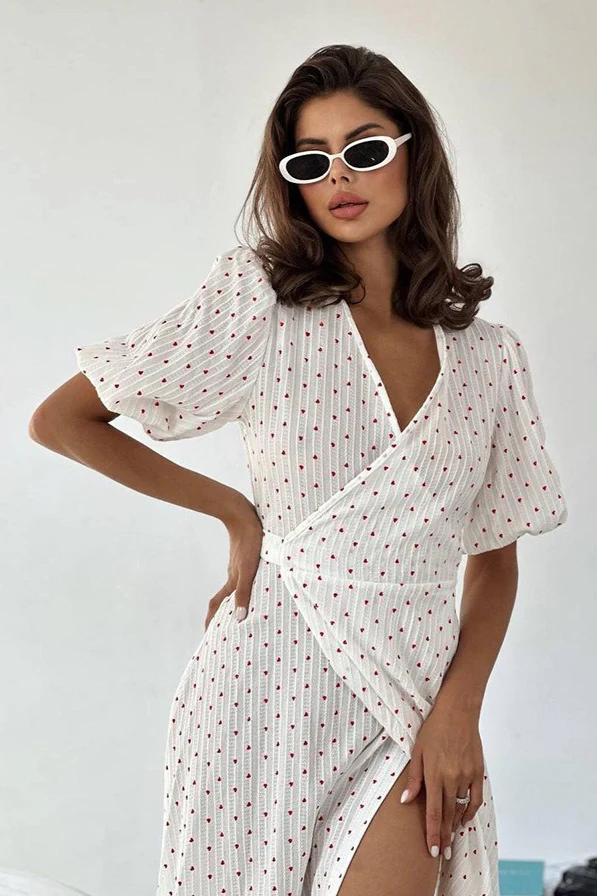 Cotton Heart Print V-Neck Wrap Maxi Dress