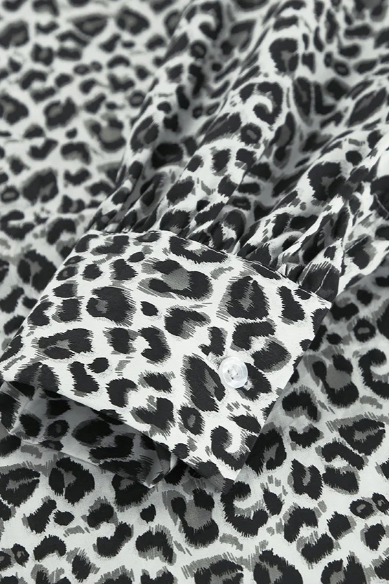 Cotton Leopard Print Turn Down Collar Blouse - Image 3