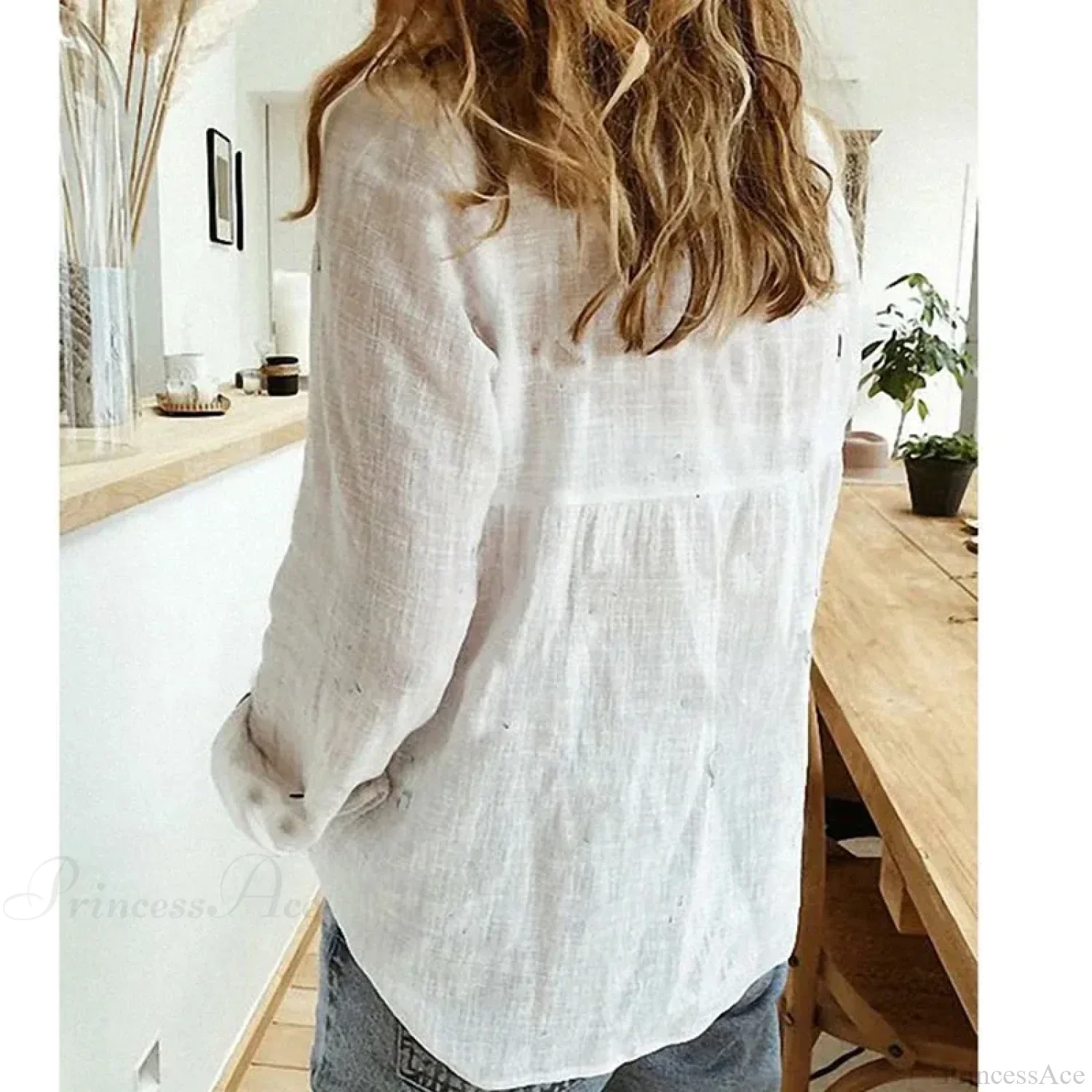 Cotton Linen Button-up Blue Office Blouse - Image 4